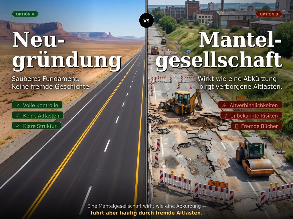 klare saubere Strasse der Neugründung. Unklare Baustelle der Mantelgesellschaft.