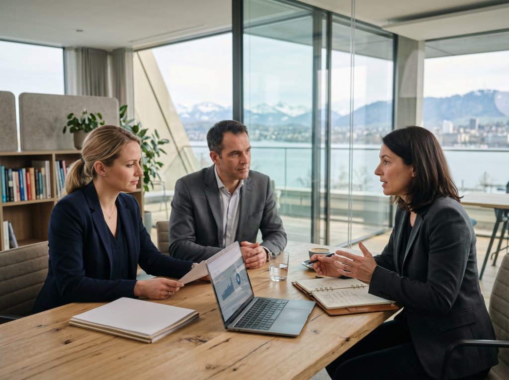 Beratungsgespräch zur GmbH-Gründung Schweiz mit Unterlagen und Laptop